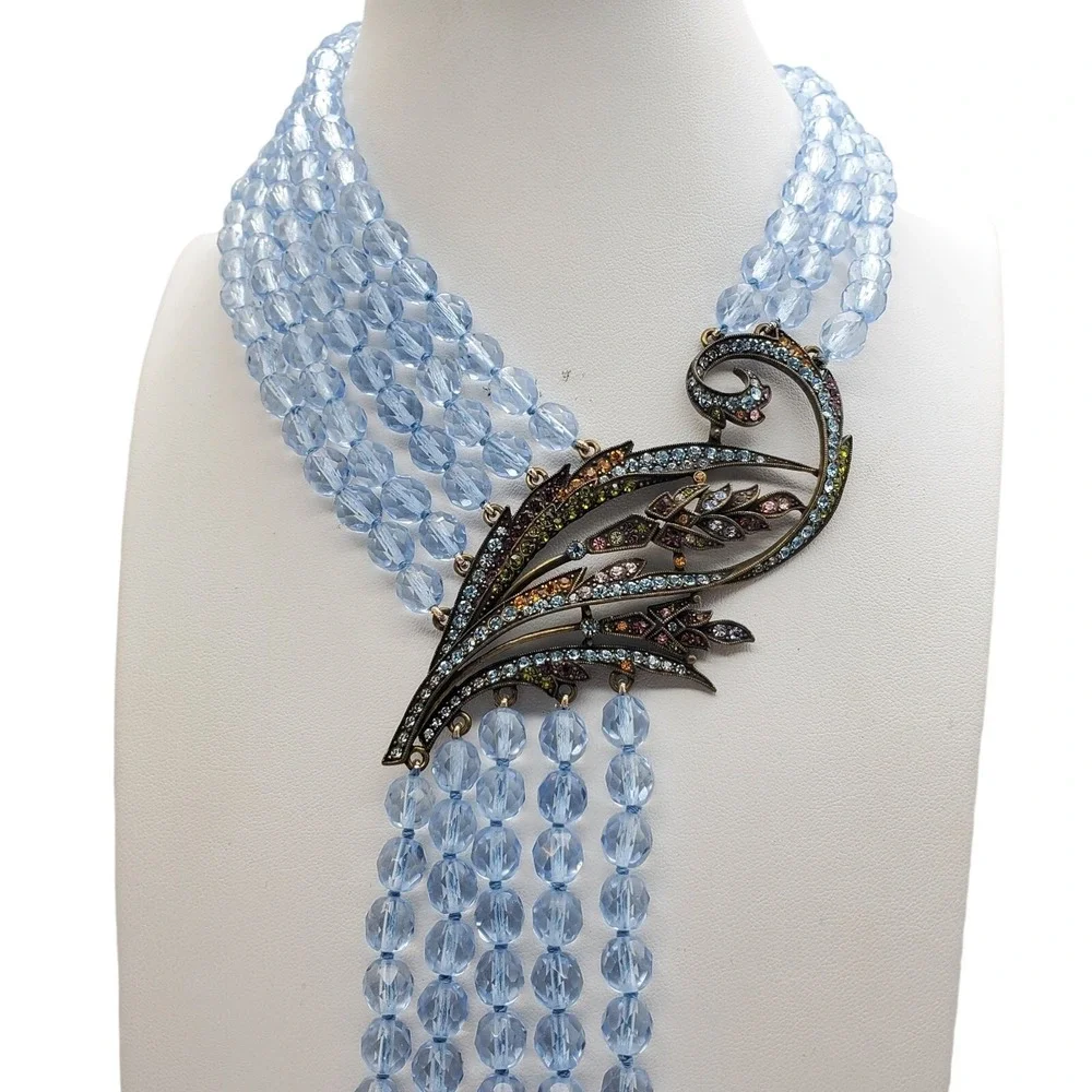 Blue Beaded Tassel‎ Necklace Heidi Daus Swarovski Crystal Layered Runway Fringe